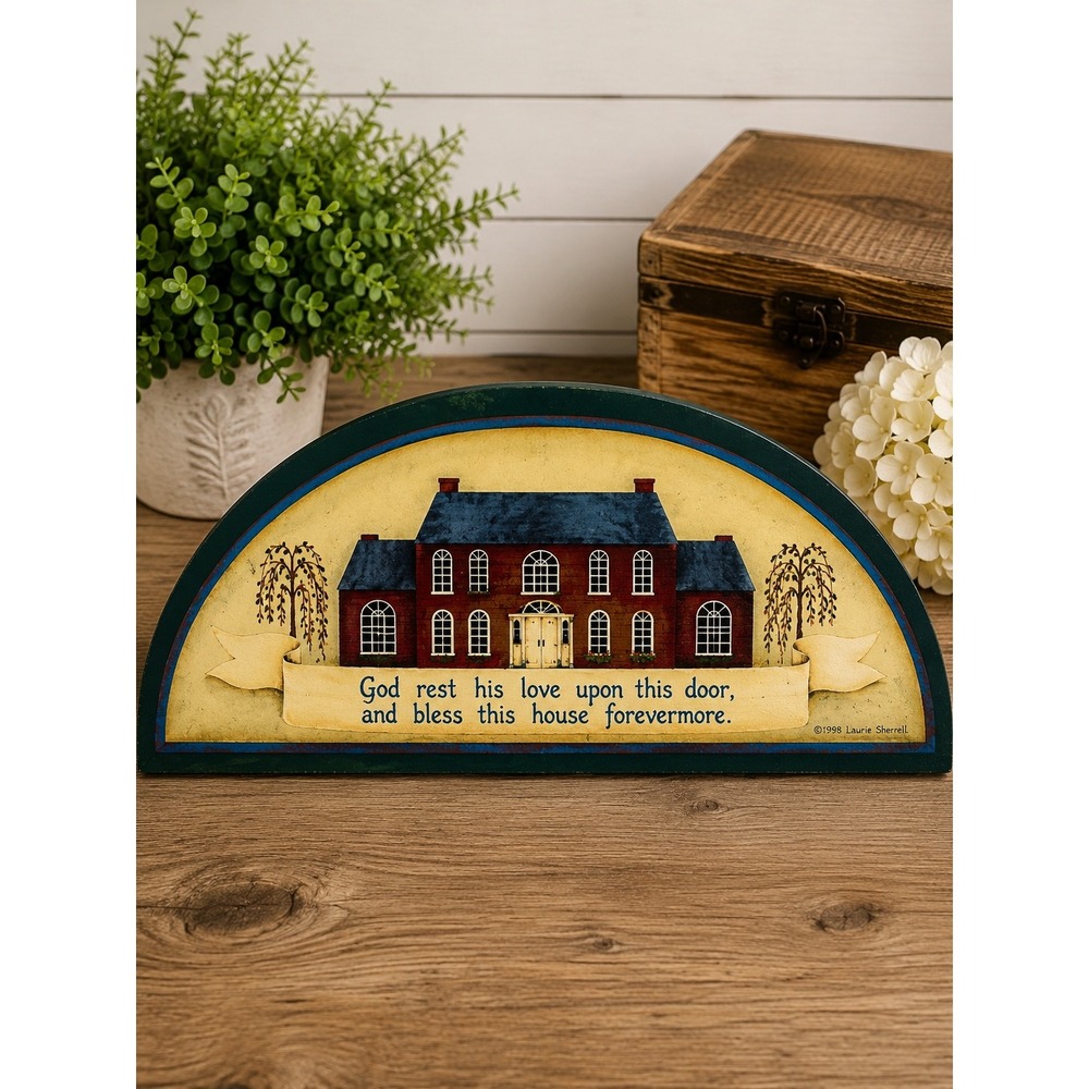 Laurie Sherrell 1998 Folk Art Wood Plaque God Bless This House Farmhouse Sign